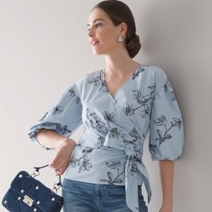 Cotton Poplin 3/4 Sleeve Wrap Top Blue Floral - Size S